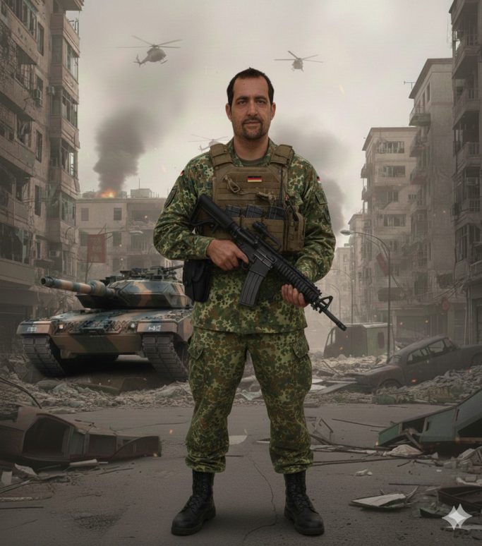 Soldat in militärischer Ausbildung, umgeben von Trümmern und einem Panzer.