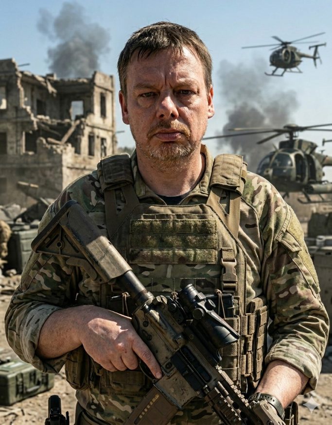 Kampfsoldat in Militäruniform mit Gewehr, im Hintergrund Hubschrauber und zerstörte Gebäude.