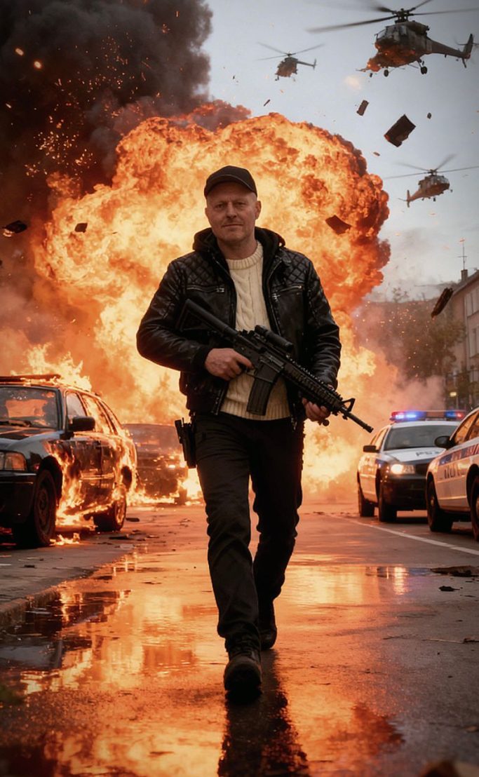 Mann mit Gewehr läuft durch eine explodierende Stadt, Feuerwehr und Polizeiautos im Hintergrund.