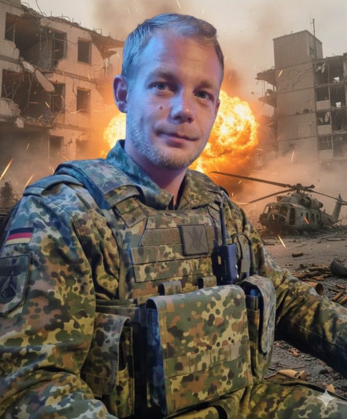 Soldat in militärischer Uniform vor zerstörten Gebäuden und Explosion im Hintergrund.