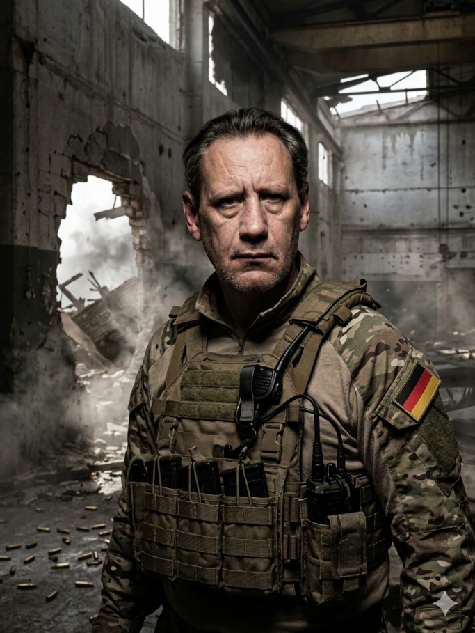 Mann in militärischer Uniform steht in einem zerstörten, rauchigen Raum.