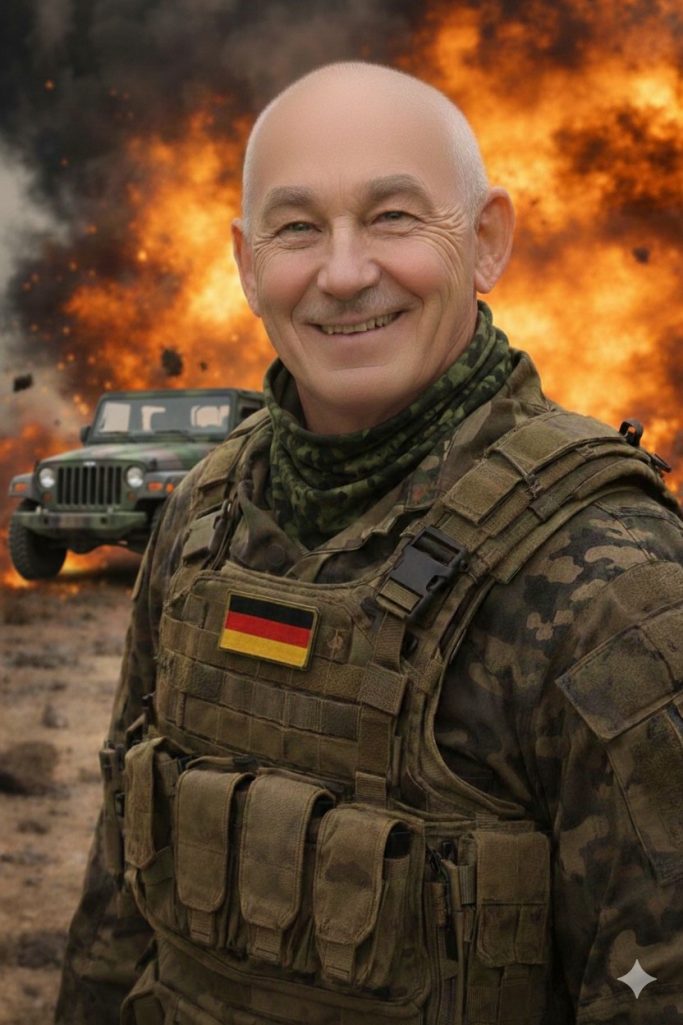 Ein lächelnder Soldat in Uniform mit einem deutschen Wappen vor einem brennenden Hintergrund.
